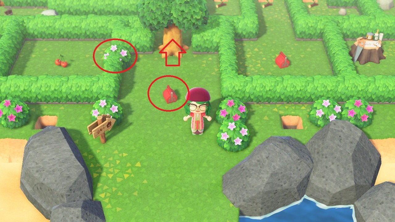 The start of the May Day Maze has you pick up a shovel and use it to dig up a bush, eat a piece of fruit, then dig up a tree to gain entry.