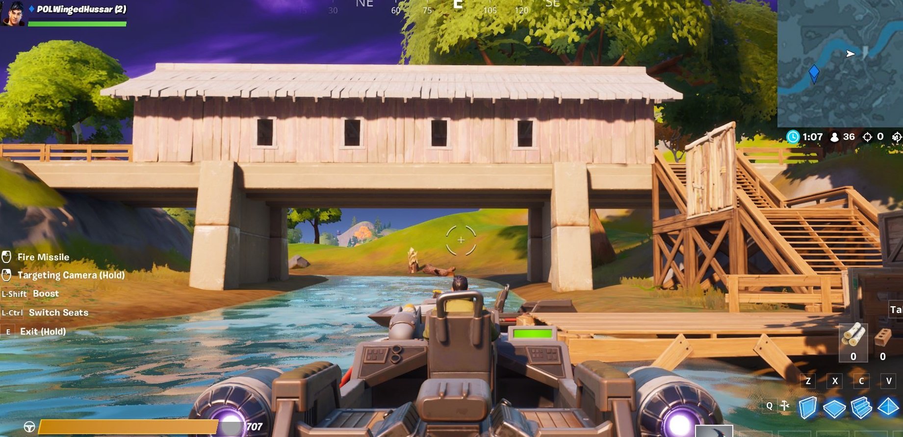 Boats can typically be found near bridges, like this wood bridge near the center of the Fortnite Chapter 2 map.