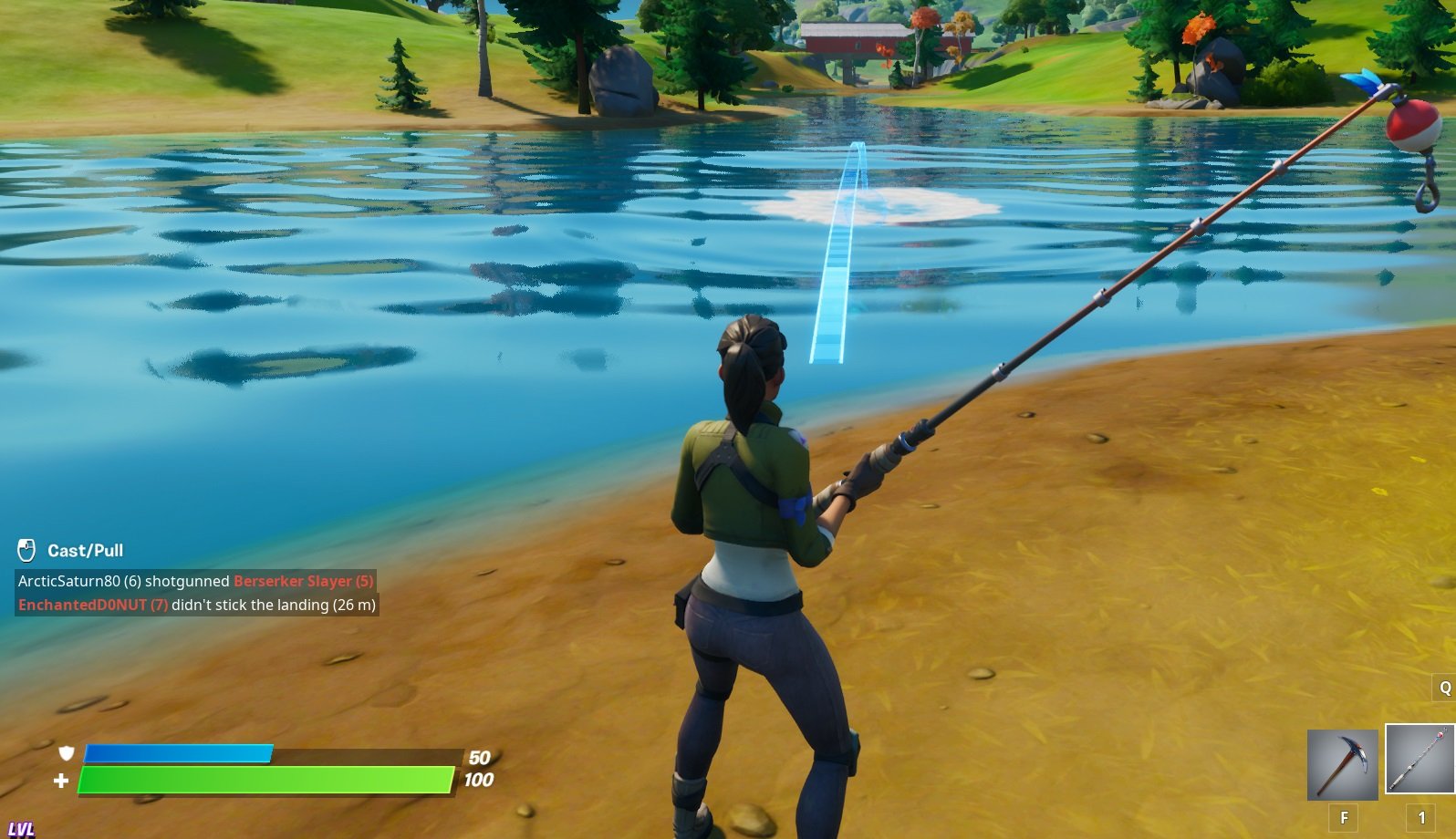 Cast your Fishing Rod line in Fortnite Chapter 2 using RT on Xbox One, R2 on PS4, or Left-Click on PC. You can hold to see where the line is going to land in the water.