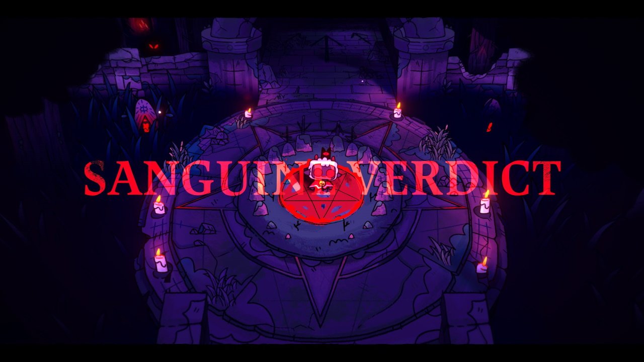 Cult of the lamb doctrines - a picture of the player lamb stood at the entrace to the town with the text sanguine verdict on the screen