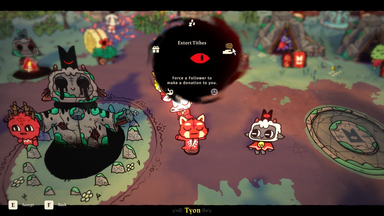 Cult of the lamb review tithes - the player speeks with a follower and hovers over the extort tithes interaction