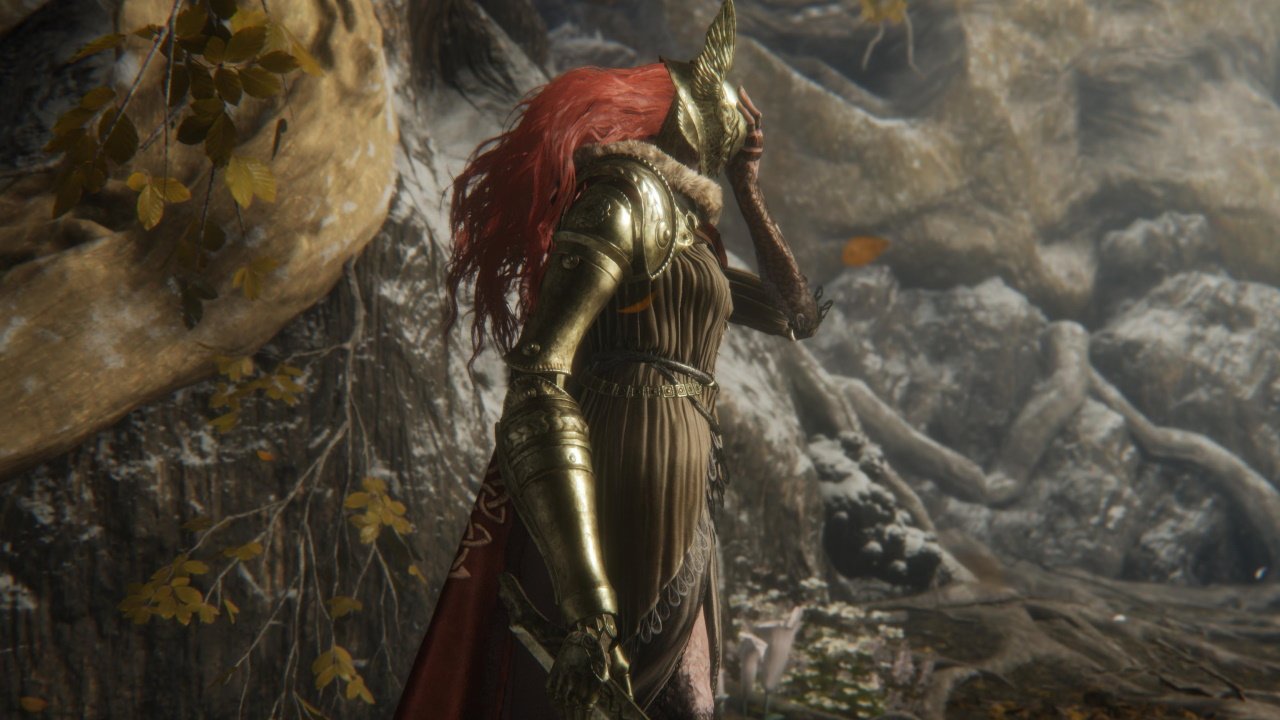 Elden rings most hated features button prompts - Malenia stands before roots with a hand on her helmet and holds a sword by her side