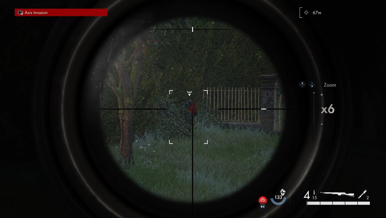 Invasions Sniper Elite 5 - An image looking through the zoomed in scope of a sniper rifle with the enemy player in the crosshairs