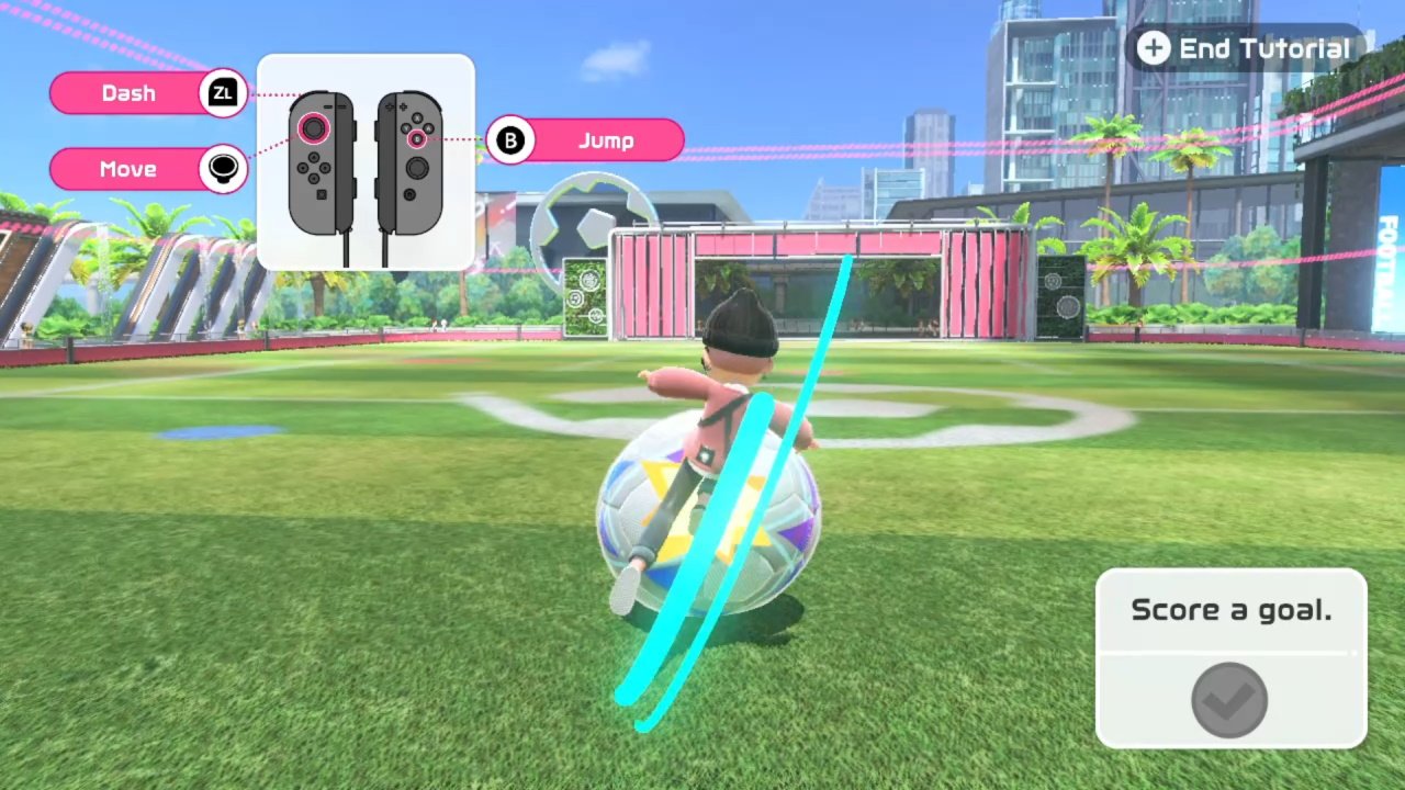 Nintendo Switch Sports secrets tips tricks soccer football curved shots - A character strikes the ball wwith their foot in training mode