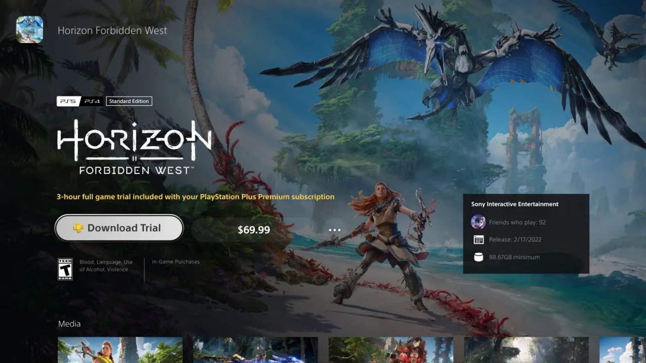 ps plus premium games time-limited trials - an image of the PlayStation store showing a time-limited trial for Horizon Forbidden West