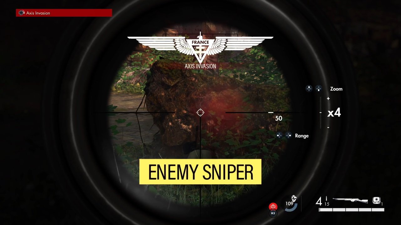 Sniper Elite 5 invasions kill - an image showing the view through a sniper scope after the player shoots the enemy sniper from behind as they hide behind a rock